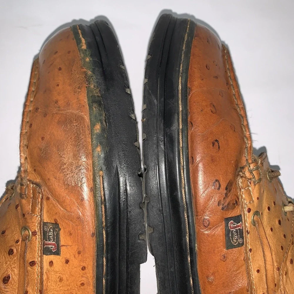 Justin Vintage Ankle Boots Mens 13M Brown Leather Ostrich Print Moc Toe Work 910